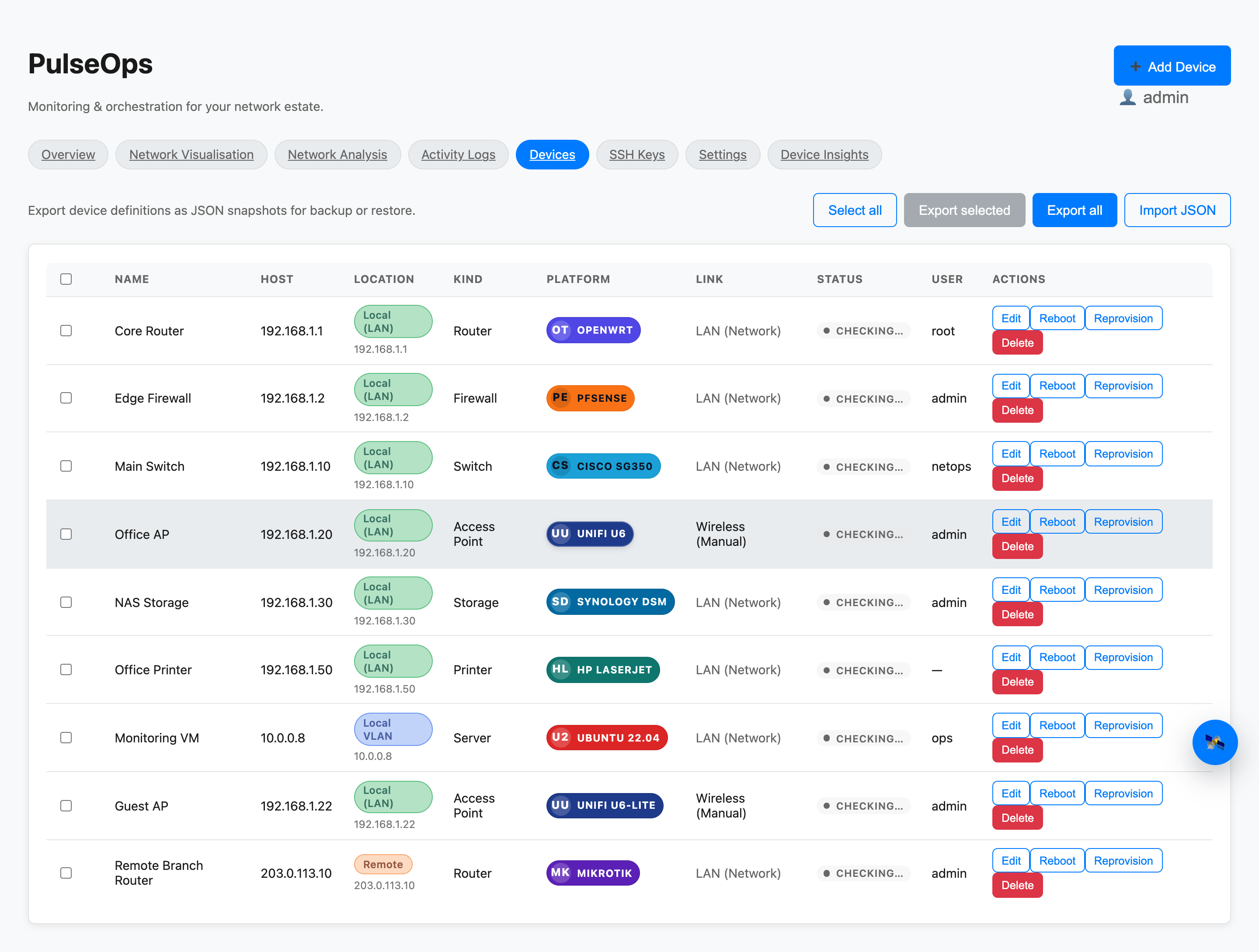 PulseOps device table