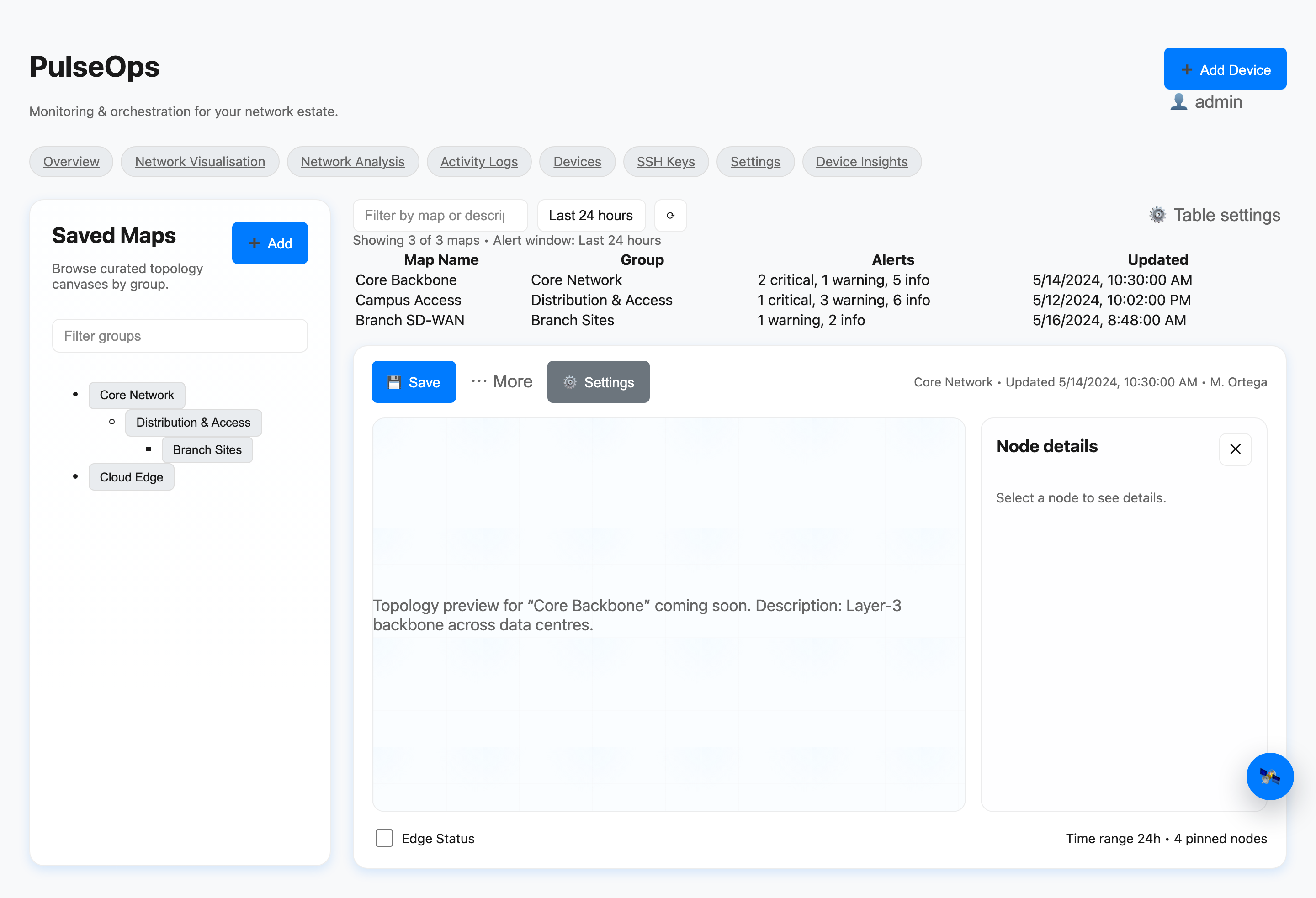 Saved topology maps canvas