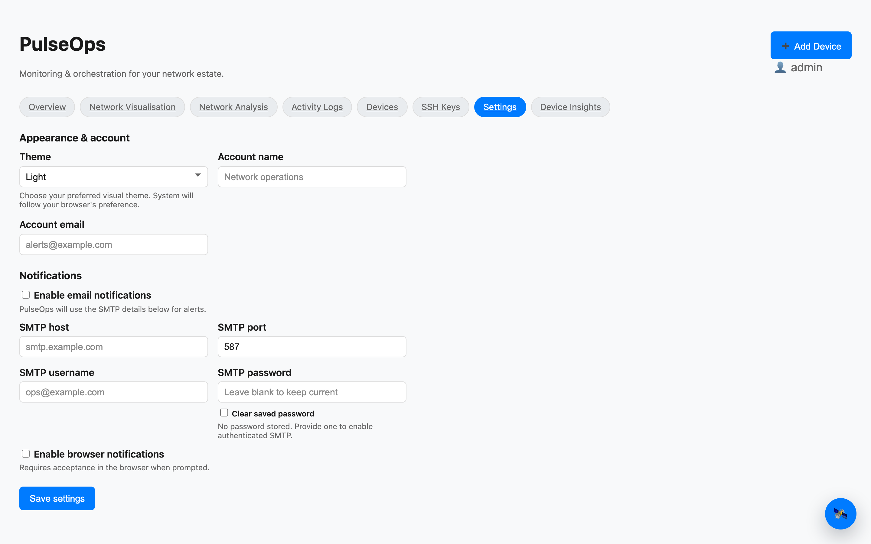 Settings with notification toggles
