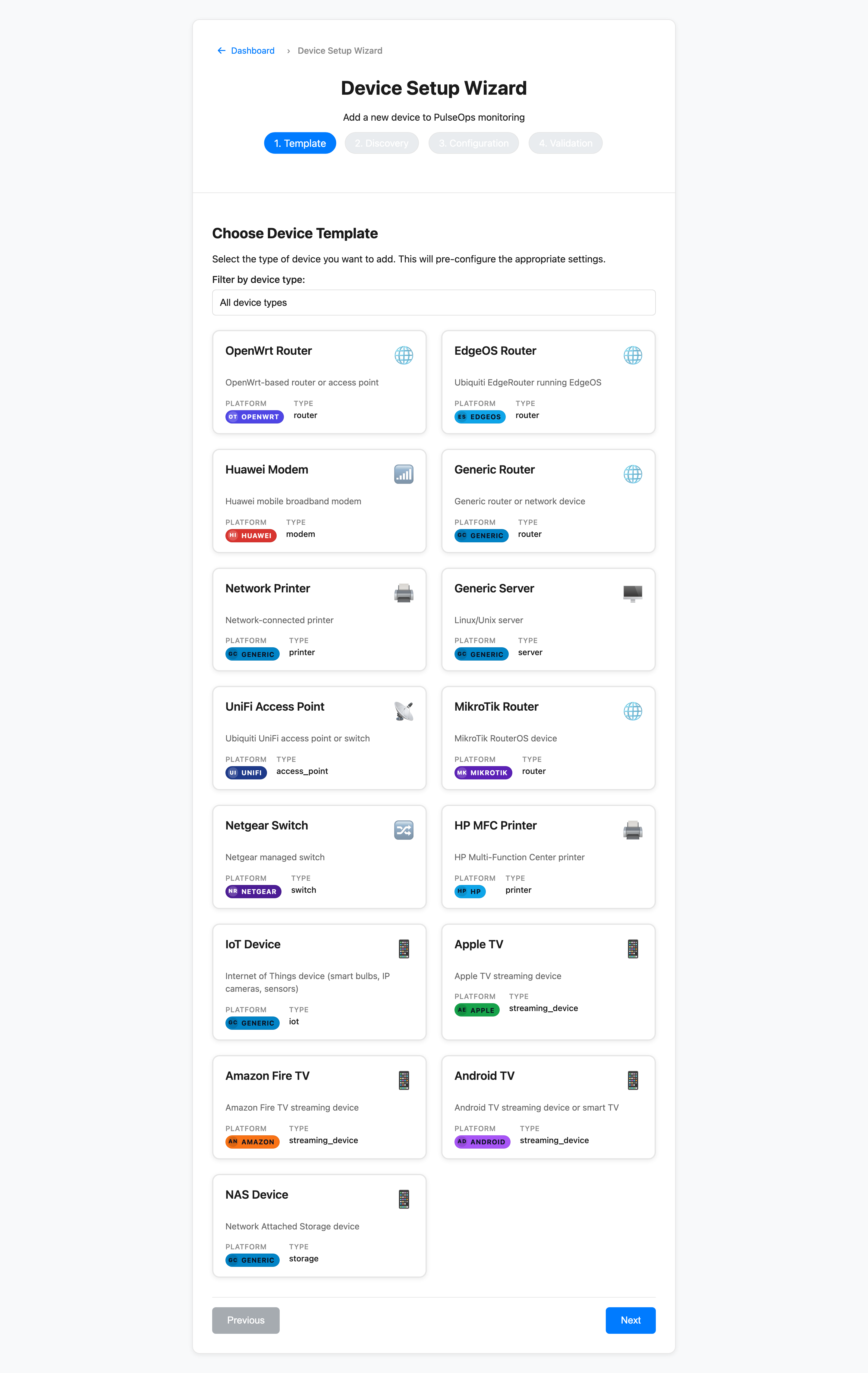 Device setup wizard template step